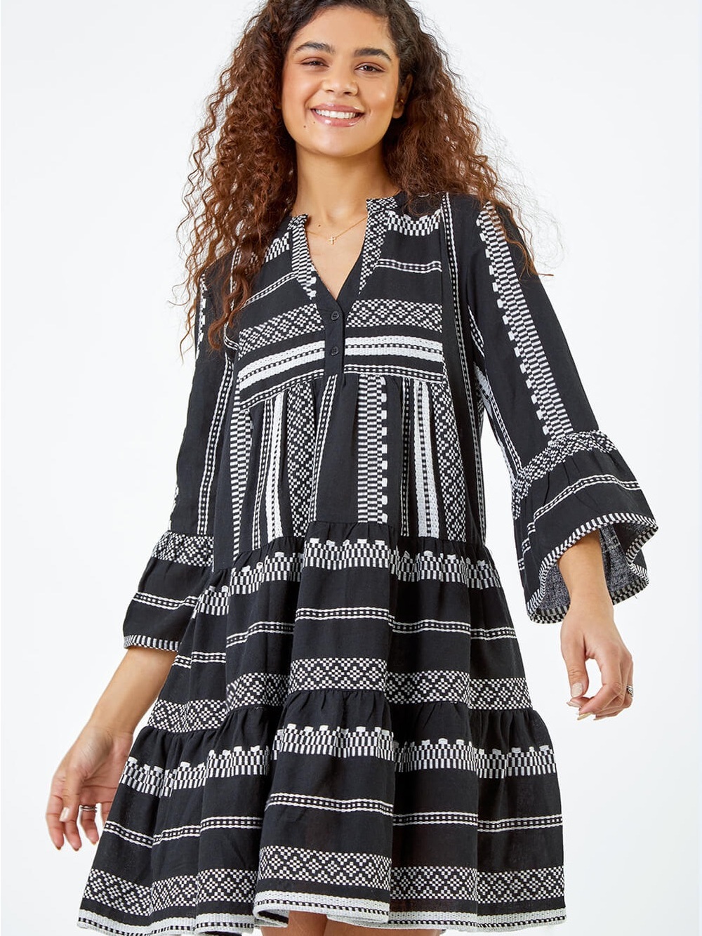 Elan Black White Embroidered Charli Tiered Swing Dress Boho Cover Up M